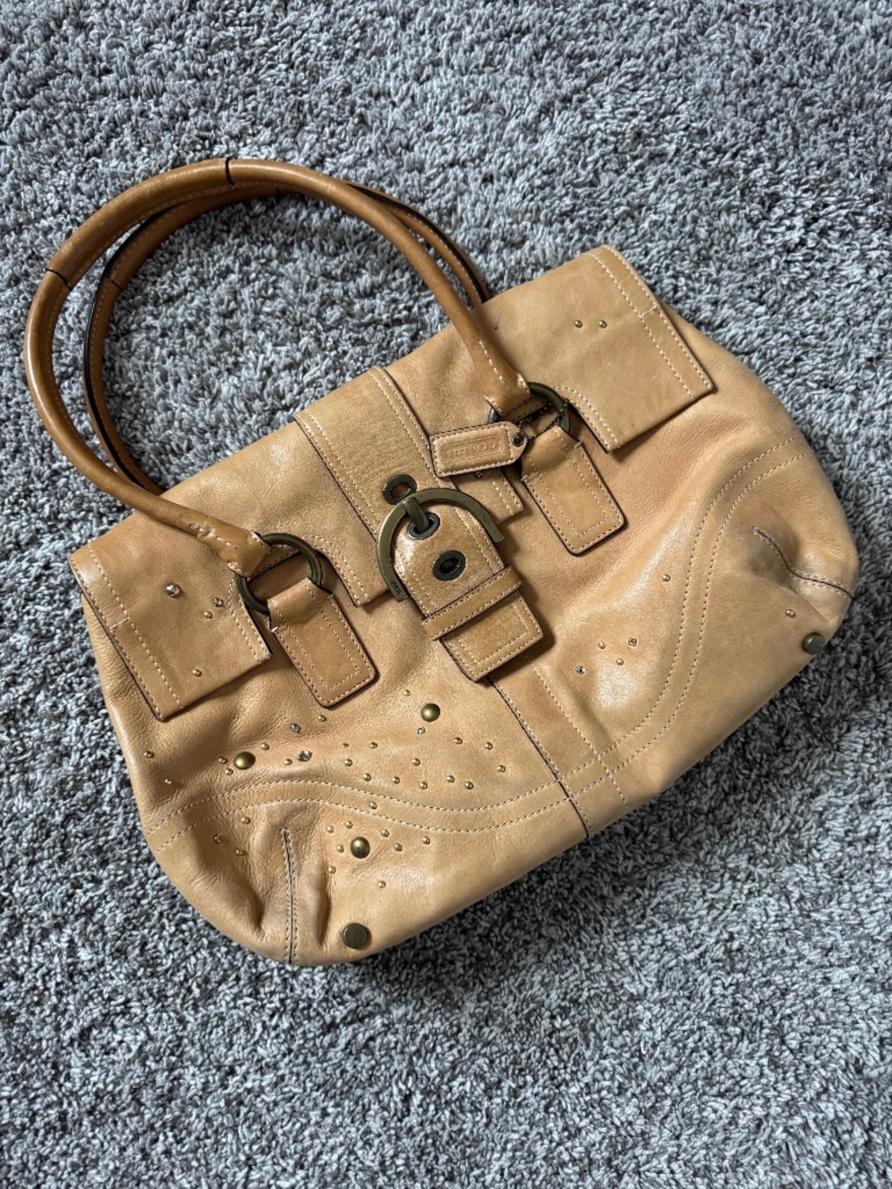 Tan Leather Embellished Coach Bag